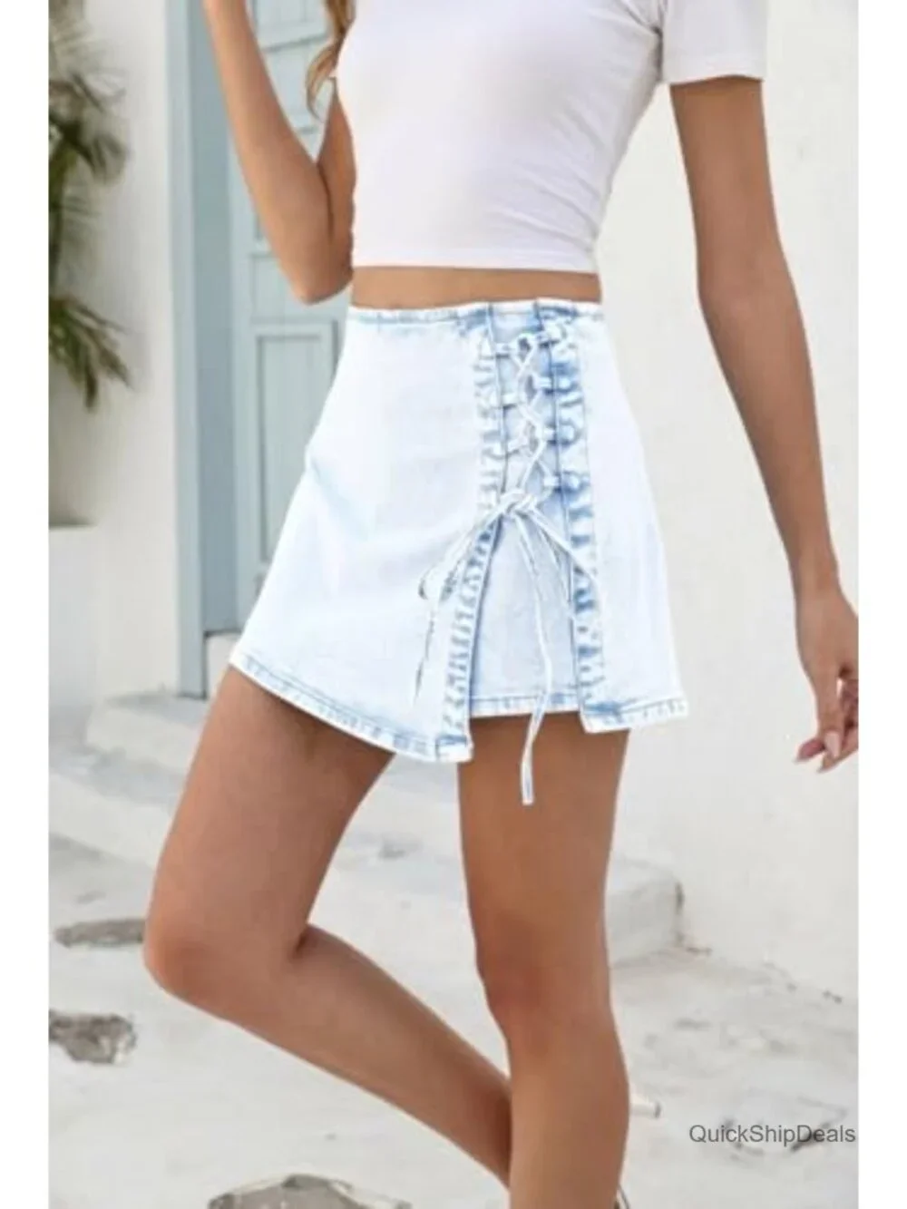 Y2K Stretch Denim Skort Lace Up Mini High Waisted White